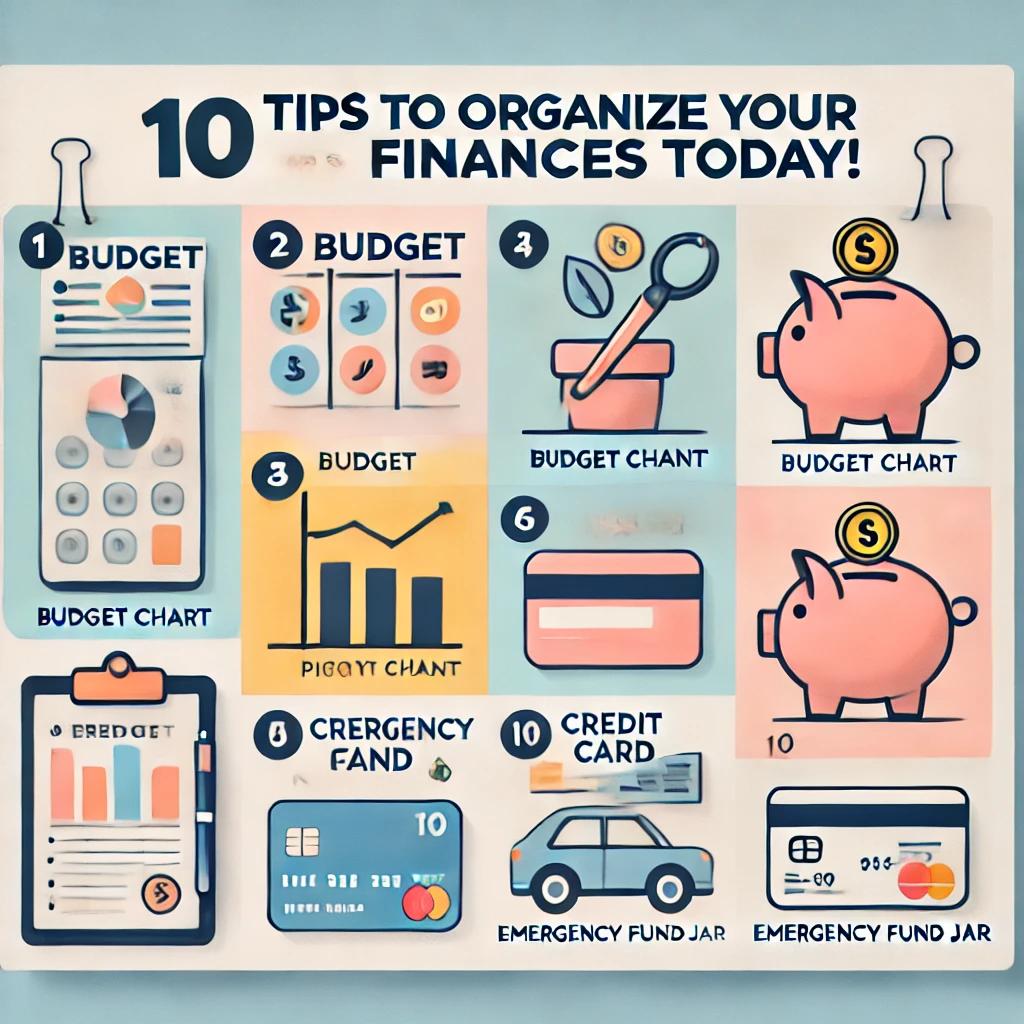10 dicas práticas para organizar suas finanças hoje: ferramentas como gráficos de orçamento, tabelas, poupança e fundos de emergência representados de forma ilustrativa.