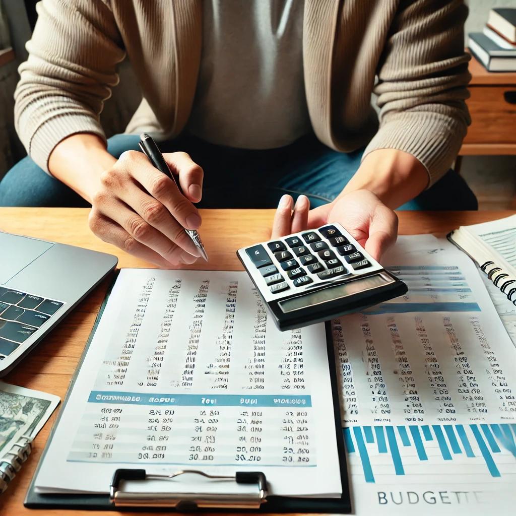 qui está a imagem de uma pessoa analisando suas finanças com uma calculadora e planilha, organizando despesas conforme o Método 50/30/20. Se precisar de ajustes, me avise!