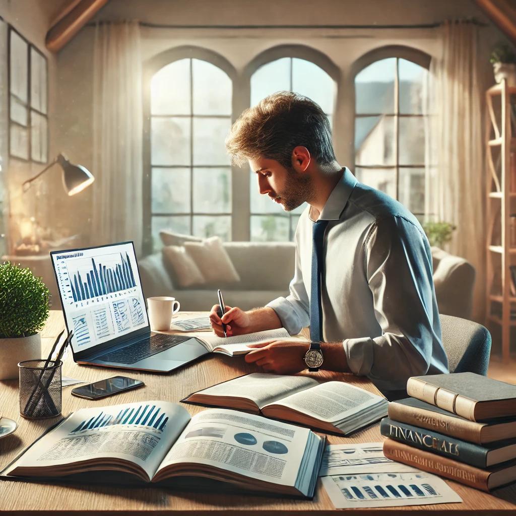 Profissional analisando gráficos financeiros em um laptop enquanto toma notas em um ambiente de trabalho aconchegante e bem iluminado, com livros sobre finanças e economia ao redor.