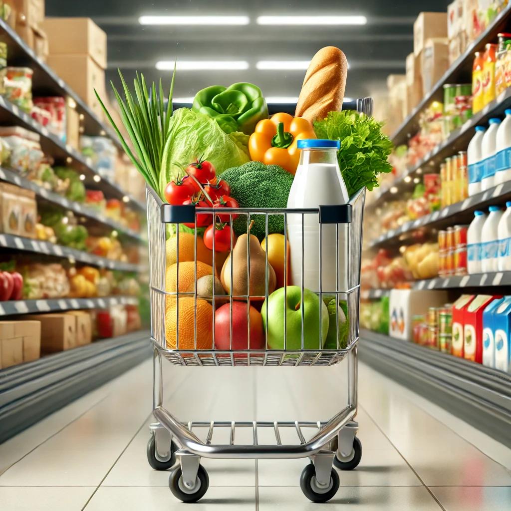 Carrinho de compras em um supermercado com alimentos básicos, simbolizando planejamento financeiro e economia nas compras.
