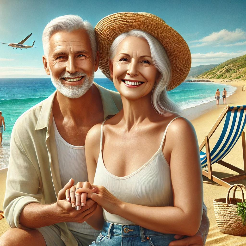 Casal maduro sorridente desfrutando de um dia ensolarado na praia. Cenário paradisíaco com mar azul, cadeiras de praia e um clima de felicidade e conexão. Aposentadoria Tranquila