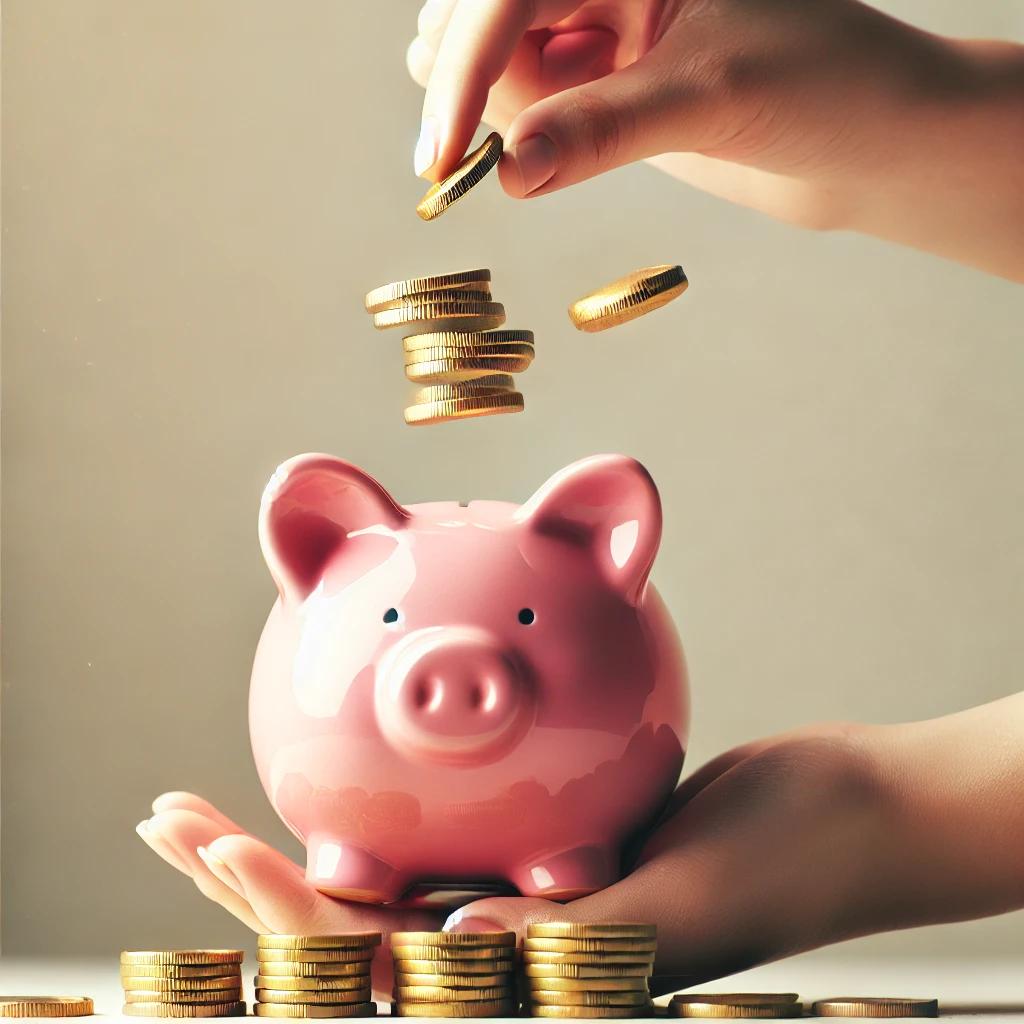 Cofrinho sendo preenchido como símbolo de criar um fundo de emergência financeiro para estabilidade. Orçamento Familiar Eficiente