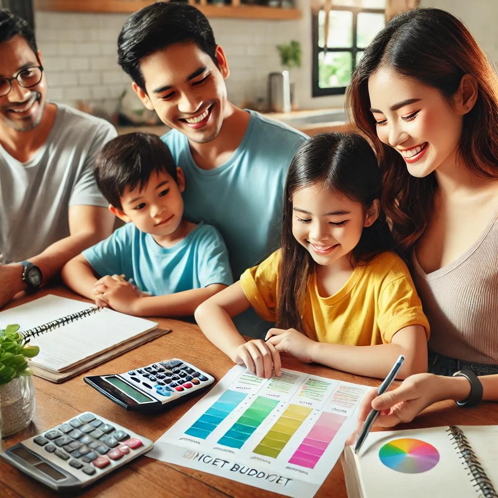 Orçamento familiar Família revisando um orçamento familiar em uma planilha, representando controle financeiro e economia.