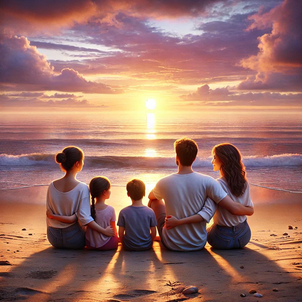 Família sentada na areia da praia admirando o pôr do sol no horizonte do oceano. Cena tranquila e inspiradora de pais e dois filhos aproveitando um momento em família na natureza.