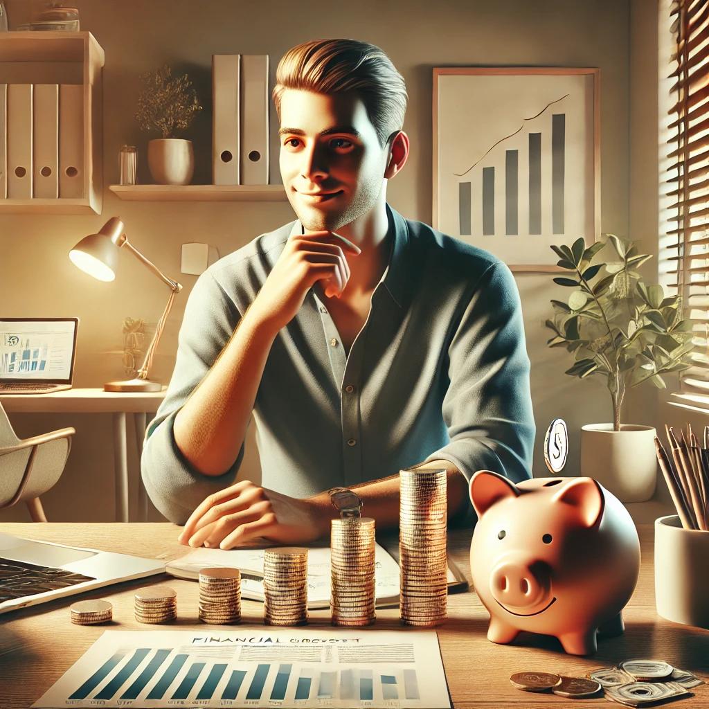 Homem sentado em uma mesa com expressão pensativa, cercado por pilhas de moedas e um cofrinho em forma de porco. Ao fundo, um gráfico de barras ascendentes em um quadro e uma mesa com laptop e lâmpada acesa. Ambiente de escritório iluminado pela luz do sol através de uma janela lateral.