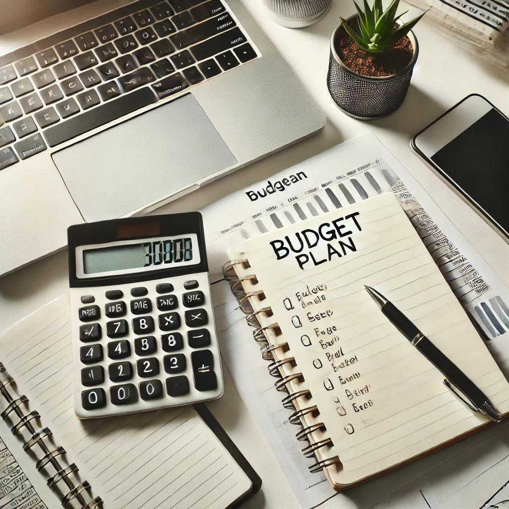 Ferramentas para criar um orçamento familiar eficiente, como calculadora e bloco de notas. Orçamento familiar eficiente