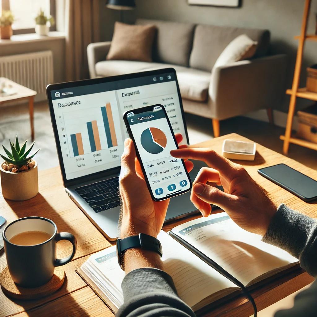 Pessoa usando um aplicativo de controle financeiro no celular para rastrear e reduzir despesas e economizar dinheiro no dia a dia.