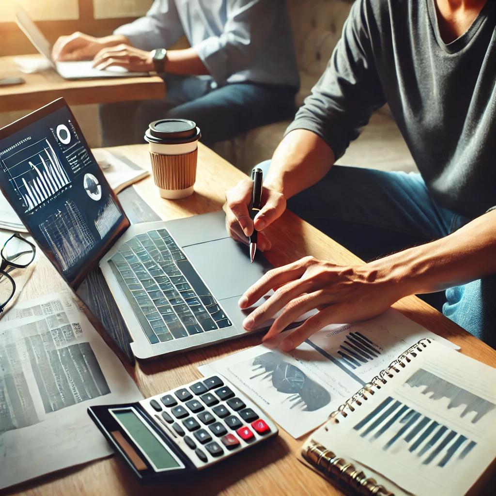 Pessoa revisando suas finanças pessoais e planejando investimentos.